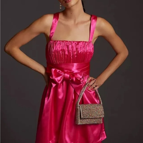 Anthropologie Maeve Satin Pink Mini Dress with belt - Picture 2 of 3